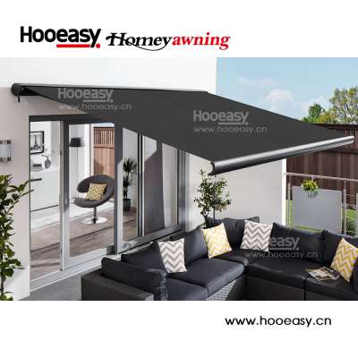 Double sided motorized retractable sunshade awnings and canopies